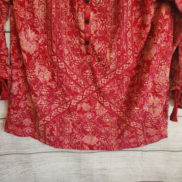 Lucky Brand S red Paisley Banana Y2K 90s Boho Peasant 3/4 sleeve top - Picture 2 of 7
